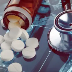 Białe tabletki, jak Nervosol, rozsypane z buteleczki obok stetoskopu na tle obrazów medycznych.