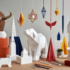 Idée déco avec du polystyrène : sculptures géométriques d'animaux, de bâtiments et de formes abstraites, créant un univers ludique et moderne.