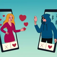 Oszustwo w sieci: kobieta z serduszkami, mężczyzna z maską i symbolem dolara. Catfish co to? To podszywanie się pod kogoś innego.