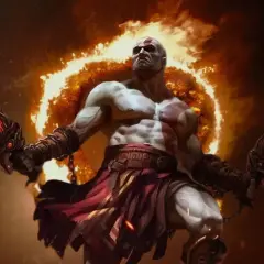 Kratos z płonącymi ostrzami, otoczony ogniem, w epickiej scenie god of war remake.