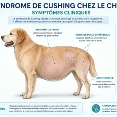 Chien atteint du syndrome de Cushing : abdomen distendu, perte de poils, polyphagie. Un diagnostic vétérinaire est essentiel pour la prise en charge et l'espérance de vie.