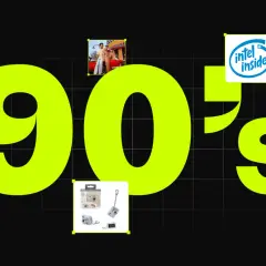 A vibrant 90s design featuring the number "90's" in neon green. Small images of a Mentos ad, a couple by a car, an Intel Inside logo, a digital camera, and a Neutrogena ad evoke the era.