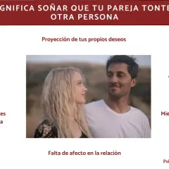 Pareja joven mirándose, rodeada de texto sobre miedos y falta de confianza, que explican por qué podrías soñar que tu pareja tontea con otra persona.