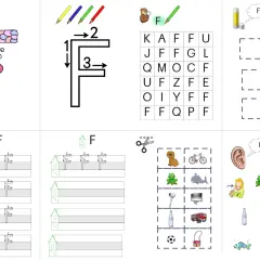Arbeitsblatt für den **Buchstabe F Grundschule**: bunter Fisch am großen F, Schreibübung, Buchstabensalat, Bilderrätsel.