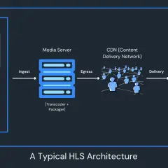 Diagram shows a typical HLS stream workflow: input devices, encoder, media server, CDN, and devices with HLS-compatible players.