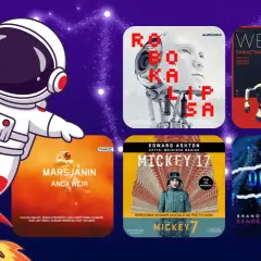 Astronautka na rakiecie i okładki książek science fiction, w tym "Marsjanin" i "Robokap". To świetny przykład, co to jest replika - książki inspirowane podobnymi motywami.