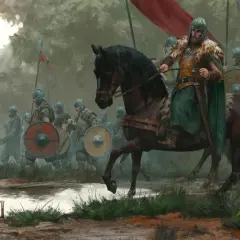 Wojownicy w zbrojach i hełmach, prowadzeni przez jeźdźca na koniu, maszerują przez błotnisty teren. To scena z gry Mount & Blade II: Bannerlord.