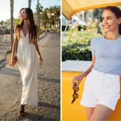 Letnia stylizacja na grilla: zwiewna biała sukienka i słomkowy kapelusz lub białe szorty z t-shirtem w paski.