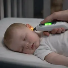 En hand mäter temperaturen på en sovande bebis med en febertermometer baby.