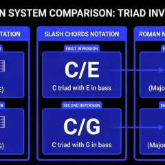 Comparaison des notations musicales pour les renversements de triades : basse chiffrée, accords avec slash, et analyse en chiffres romains. Un accord parfait.