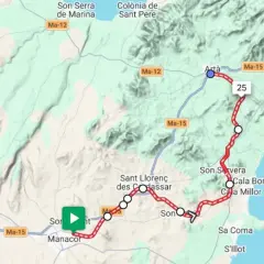 Karte von Mallorca mit einer roten Route von Artà über Son Servera nach Manacor. Die "Via Verde Mallorca" führt durch malerische Orte.