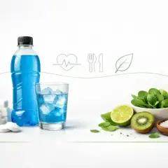 Niebieski napój sportowy, kostki cukru i tabletki obok szklanki z lodem. Obok miska ze szpinakiem, limonka, kiwi i sól. Czy Oshee nawadnia?