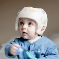 Niebieskooki maluch w kolorowym kasku korekcyjnym z zabawką w ręku.