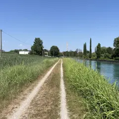 Sentiero sterrato lungo il canale, ideale per la ciclabile Peschiera Lazise. Vegetazione rigogliosa e cielo azzurro.