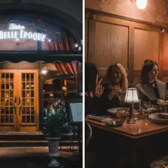 Kvällsbild på Bistro La Belle Epoque med gäster som njuter av middag.