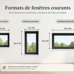 Comparaison de formats de fenêtres courants : carrée (60-90 cm), verticale (70-100 cm x 100-150 cm) et horizontale (100-180 cm x 60-100 cm).