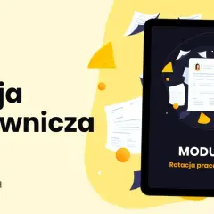 Ebook o rotacji pracowniczej. Grafika przedstawia tablet z dokumentami i wykresami, symbolizującymi fluktuację.