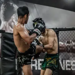 Two fighters in a ring. One lands a kick, likely feeling what does it feel like to get hit in the liver.
