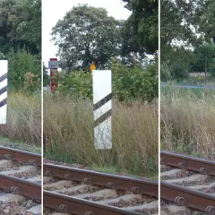 Trzy białe słupki z czarnymi pasami, wskaźnik w11a, stoją przy torach kolejowych.