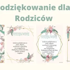 Urocze kartki z podziękowaniami dla rodziców od nauczycieli przedszkola, ozdobione piórkami i kwiatami.