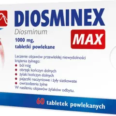 Opakowanie Diosminex Max 1000 mg, 60 tabletek. Leczy objawy niewydolności krążenia żylnego, np. ból nóg. Sprawdź Diosminex Max cena.