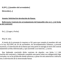 Solicitud de devolución de fianza de alquiler. El documento detalla la referencia del contrato y la petición formal para el retorno del depósito.