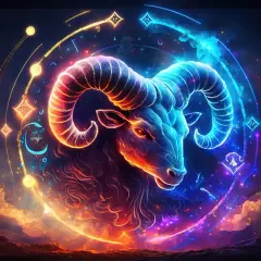 Baran, kwiecień znak zodiaku, w neonowych barwach na tle kosmicznego cyklu i mgławic.