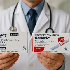 Lekarz prezentuje opakowania leków Wegovy i Ozempic, zawierających semaglutyd. Cena glp 1 może być różna w zależności od dawki i opakowania.