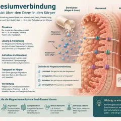 Magnesium und Vitamin D zusammen einnehmen kann die Aufnahme verbessern. Die Grafik zeigt, wie Magnesium vom Darm in den Körper gelangt.