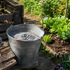 Popiół drzewny pod jakie rośliny? W wiadrze popiół, obok rękawice i miernik gleby. W tle kompostownik i warzywnik.