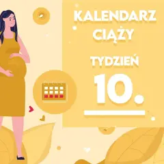 Kobieta w 10 tygodniu ciąży, z widocznym brzuszkiem, czuje się dobrze. Kalendarz ciąży wskazuje 10. tydzień.