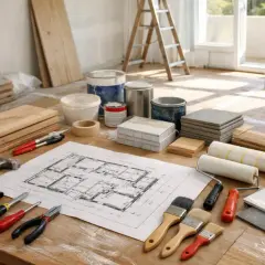 Plans, outils, peinture et matériaux pour un projet de rénovation.