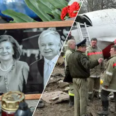 Zdjęcie upamiętnia Marię i Lecha Kaczyńskich, obok sceny z ratownikami przy wraku samolotu. Grzegorz Jankowski pierwszą żoną nie jest tu widoczny.