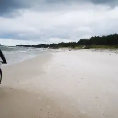 Rowerzystka przemierza piaszczystą plażę na mierzei sarbskiej, z widokiem na wzburzone morze i sosnowy las.