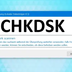 Fehlerüberprüfung des Laufwerks C: mit CHKDSK. Das Fenster zeigt an, dass das Laufwerk gescannt wird und Fehler behoben werden können.