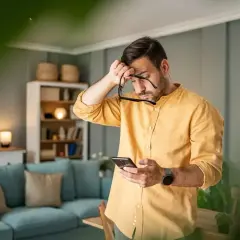 Zmartwiony mężczyzna sprawdza telefon, zastanawiając się, czy bik jest bezpieczny. W tle salon z kanapą i regałem.