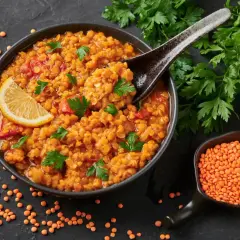 Rote Linsensuppe mit Zitrone und Petersilie, ein gesundes Gericht, das als Fettverbrenner Lebensmittel gilt. Daneben eine Schale roter Linsen.