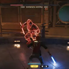 Jedi Survivor: Cal Kestis walczy z Dziewiątą Siostrą, używając niebieskiego miecza świetlnego.