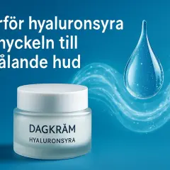 En burk dagkräm med texten "Hyaluronssyra" bredvid en stor vattendroppe. Texten "Varför hyaluronsyra är nyckeln till strålande hud" syns i bakgrunden.
