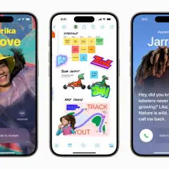 Trzy ekrany iPhone'a z iOS 17: kontakt Yurika Grove, notatki z harmonogramem i strój drużynowy, oraz poczta głosowa od Jarretta.