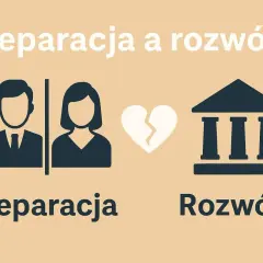 Ilustracja przedstawia rozdzielenie pary i symbol sądu, sugerując pomoc adwokata rodzinnego w sprawach separacji i rozwodu.