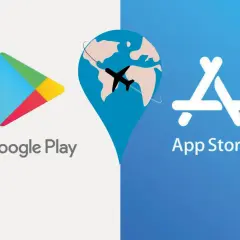 Logos de Google Play y App Store, con un globo terráqueo y avión, representando aplicaciones de viajes.