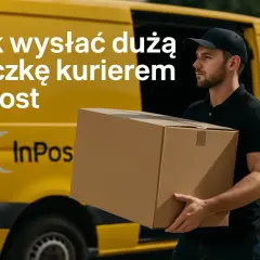 Kurier InPost z dużą paczką gabaryt d obok żółtego busa.