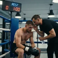 A boxer rests in the corner of the ring as his coach whispers advice, the scoreboard showing 1:00 rest, adhering to amateur boxing rules.