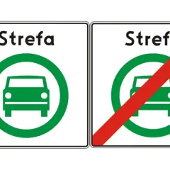 Nowe znaki drogowe: Strefa ruchu samochodowego i koniec strefy.