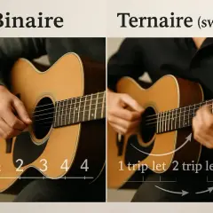 Deux mains jouent de la guitare, l'une montrant un rythme binaire, l'autre un rythme ternaire avec le swing.