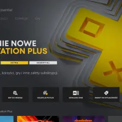 Ekran PlayStation Plus z opcją Essential. Widoczne ikony ulepszeń, gier co miesiąc, kolekcji PS Plus, katalogu gier, rabatów i klasyki.
