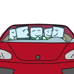 Six personnages s'entassent dans une voiture 5 places, un peu serrés mais souriants. Ils risquent une amende pour surpeuplement.