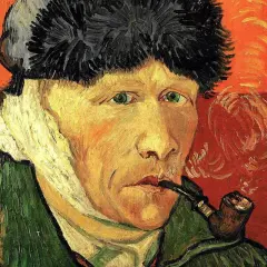 Obraz van Goga: autoportret artysty z zabandażowanym uchem, palącego fajkę.