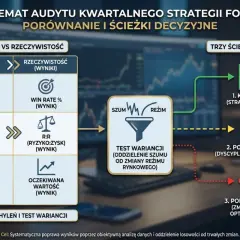 Schemat audytu strategii Forex: porównanie planu z wynikami, analiza odchyleń i ścieżki decyzyjne. Trader analizuje dane, by poprawić system.